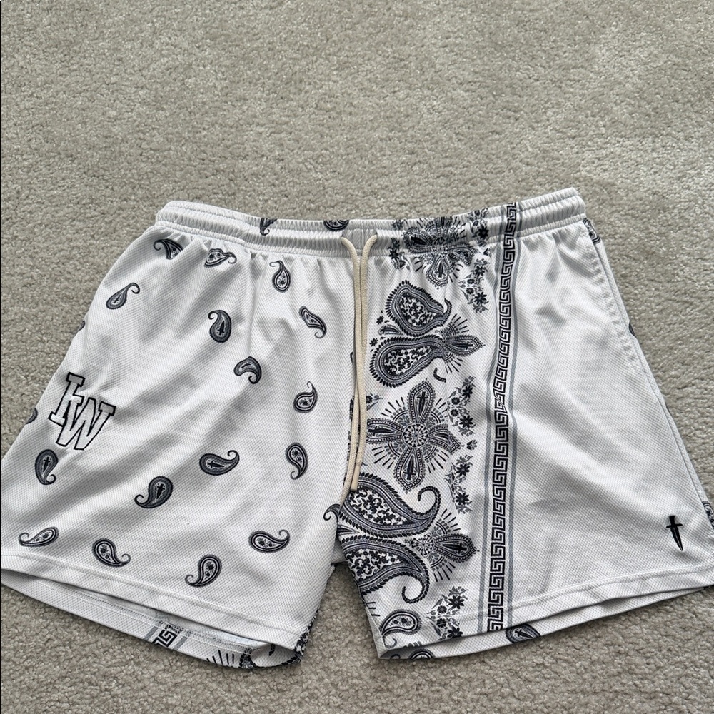 Men's Athletic Shorts in Black and White Paisley